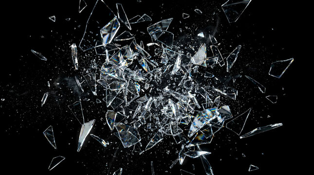 Dramatic exploding crystal glass fragments flying apart violently through dark space creating dynamic sharp transparent shards scattering against pure black background