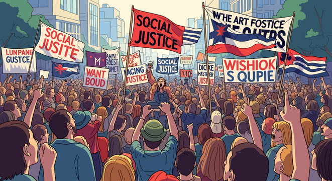 Passionate crowd protesting for social justice and human rights in a city.