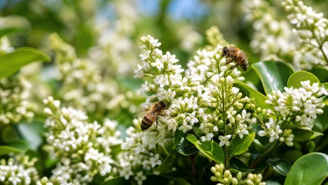 Dense privet shrub blooming with tiny white flowers, bees collecting nectar.
