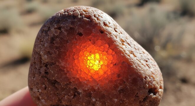 Close-up of a sunstone agate pebble with glowing crystalline center