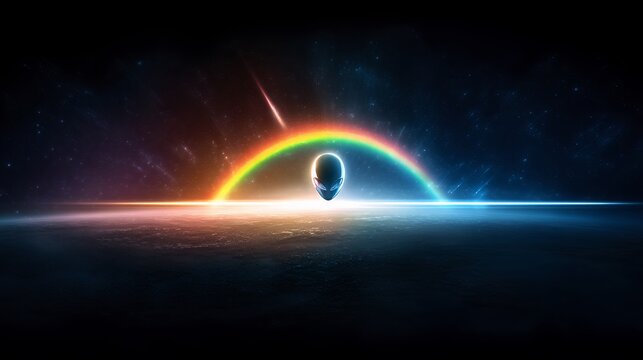 Alien head emerges from cosmic rainbow on distant planet