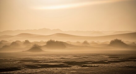 Fototapeta premium Ochre Dust Haze Over Arid Landscape at Dawn