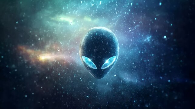 Alien head glows with bright blue eyes in cosmic nebula