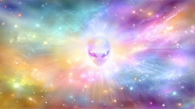 An otherworldly alien head glows within a vibrant cosmic nebula