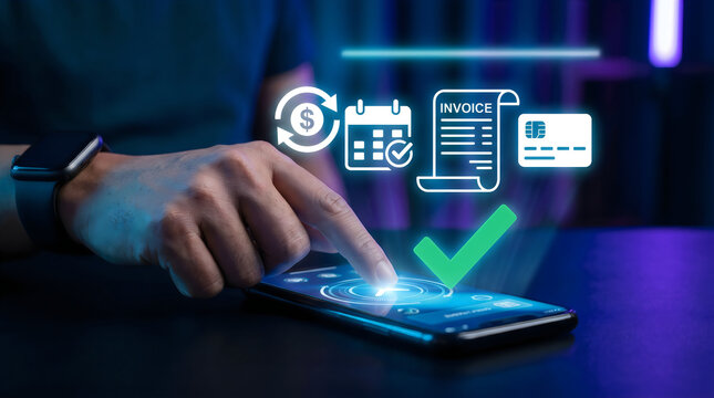 Digital invoice payment on smartphone, online billing and financial management icons, secure electronic transaction with glowing blue interface