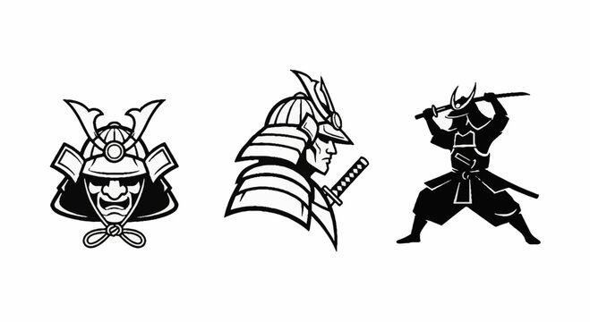 Traditional Japanese Samurai Warrior Illustrations Set Black.