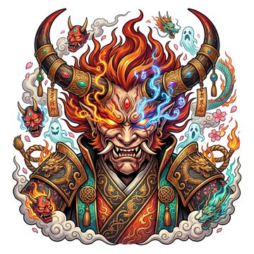 The Great Oni's Gaze Shuten Doji Full Color Japanese Tattoo Design Isolated on White Background