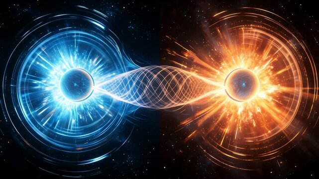 波と粒子の二重性を表す青と赤の宇宙的オブジェクトとエネルギー流の抽象的背景