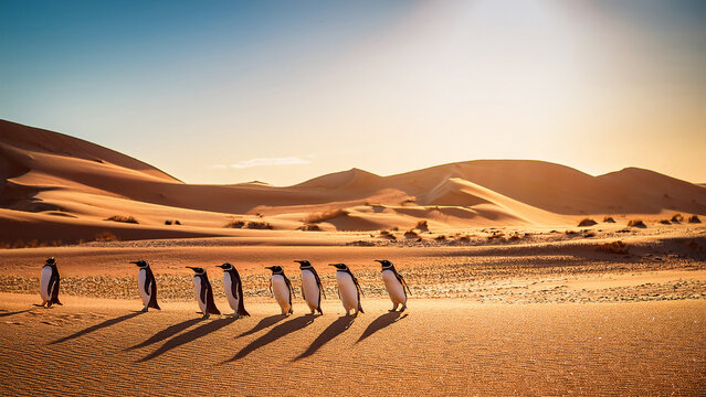 dichotomy in an image, showing something impossible, penguins living in a hot dry desert, represents AI use or something that cannot be done