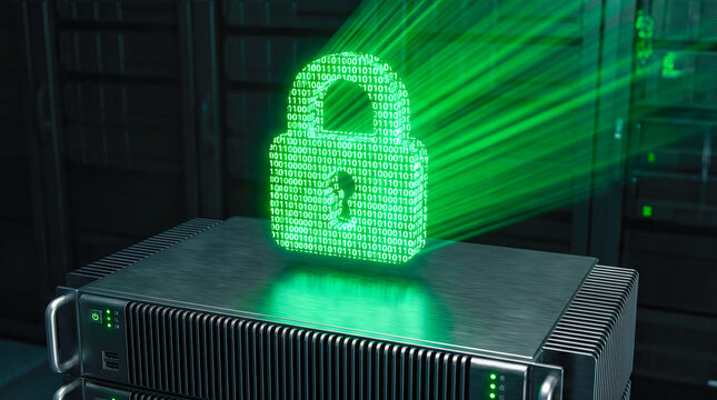 cyber security digital padlock glowing over data server rack room concept information privacy protection database internet network safe technology abstract background