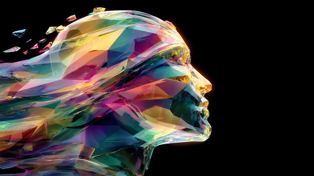 Colorful abstract alien head sculpture on black background