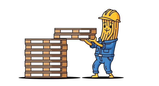 Warehouse worker stacking cardboard boxes on pallet.