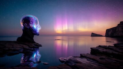Fototapeta premium Cybernetic head with glowing aurora over calm sea