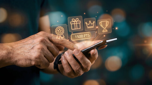 Customer loyalty program on smartphone, digital reward points and gift icons, person using mobile app for shopping bonuses and membership benefits