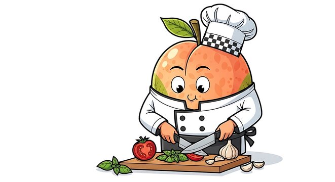 Cartoon gnome gardener with vegetables and hat.