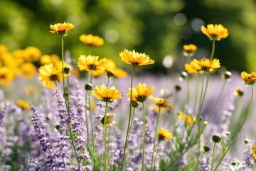 Fototapeta premium The Yellow Wildflowers Dancing Above Lavender in a Sunlit Summer Meadow