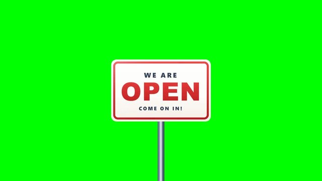 Chroma key green screen sliding signpost transitions with we are open and sorry we are closed retro business board panel