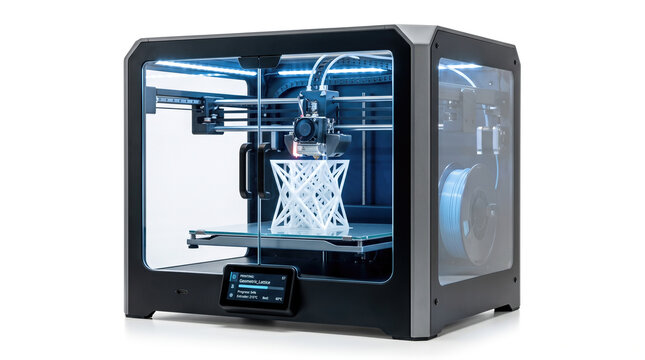 Modern additive manufacturing machine printing white geometric lattice structure inside clear glass enclosure representing advanced automated industrial prototyping fabrication process