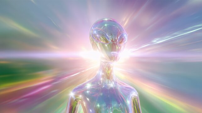 Shiny alien head sculpture with bright colorful light beams