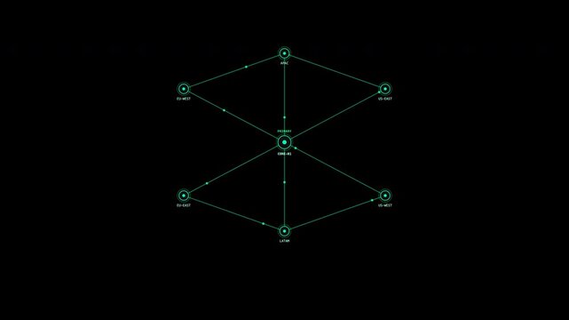 Digital diagram with interconnected nodes on hexagonal shapes. Suitable for tech presentations, network illustrations, and futuristic concepts in design.