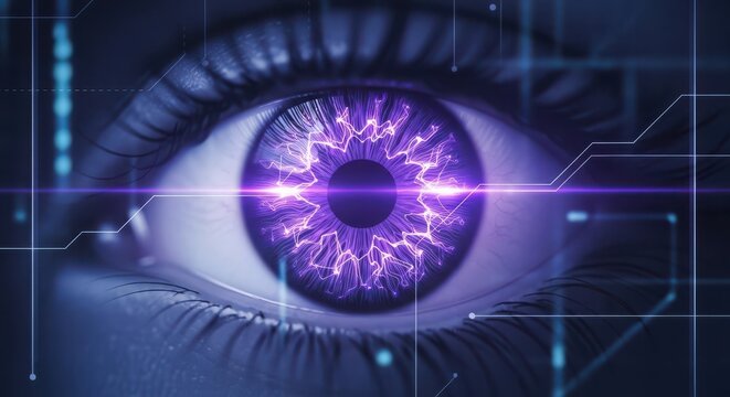 Close-up futuristic eye with glowing iris and digital effects