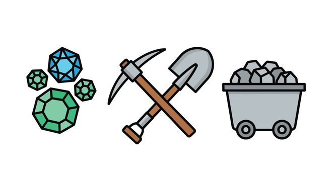 Gems Pickaxe And Ore Cart Flat Icon Set On White Background