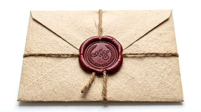 Brown craft paper envelope, elegant red wax seal, vintage string binding, rustic mail stationery, personal letter correspondence, message, invitation, historical style, antique courier communication