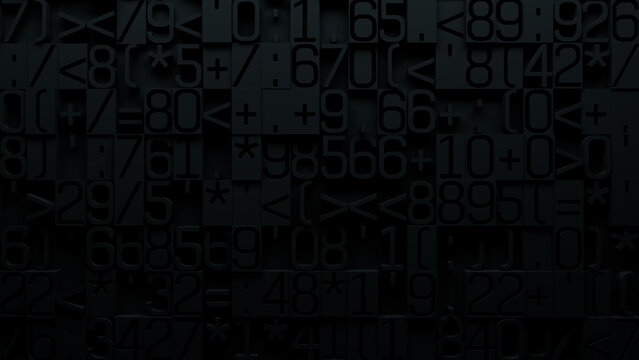 Close-Up of Monochromatic Textured Surface with Densely Packed Raised Mathematical Symbols and Numbers in Black and Gray for Data Science, Educational Content, and Digital Design Visuals