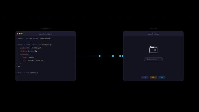 Dark software interface with code block, digital wallet icon, user display suitable for technologyrelated designs.