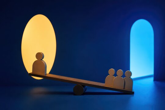 Seesaw Balance with Human Figures and Colored Light Background
