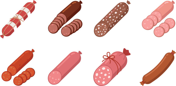 Sausage and Salami Vector Icon Set Featuring Sliced Deli Meat Products, Smoked Sausages, and Processed Food Illustrations