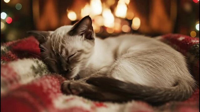 A cozy Siamese kitten sleeps peacefully on a warm blanket in front of a crackling fireplace with festive Christmas lights.