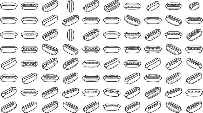 Seamless Pattern of Hot Dog Icons in Various Styles for Fast Food, Snack, Culinary, Restaurant, and Digital Design Projects