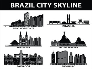 Brazil city skyline vector illustrations of Belo Horizonte, Brasilia, Fortaleza, Rio de Janeiro, Salvador, and Sao Paulo © VectEdge
