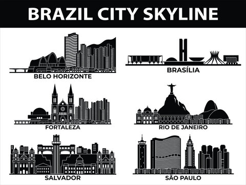 Brazil city skyline vector illustrations of Belo Horizonte, Brasilia, Fortaleza, Rio de Janeiro, Salvador, and Sao Paulo