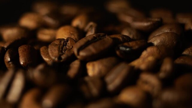 50p extreme close up of roasted coffee beans rotating in motion