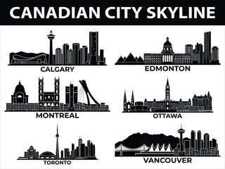 Naklejka premium Canadian city skylines Calgary Edmonton Montreal Ottawa Toronto and Vancouver Black and white vector illustration
