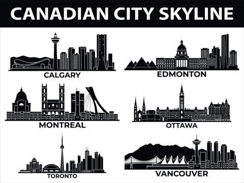 Canadian city skylines Calgary Edmonton Montreal Ottawa Toronto and Vancouver Black and white vector illustration