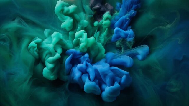 Emerald and sapphire mist weaving through dark abstract space with smooth atmospheric motion