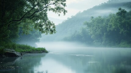 Obraz premium Misty Morning River Scene with Overhanging Tree Branches and Fog