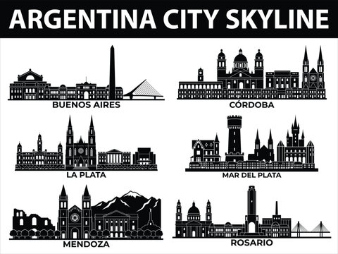 Argentina city skyline vector illustrations of Buenos Aires, Cordoba, La Plata, Mar del Plata, Mendoza, and Rosario