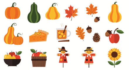 Autumn Harvest Collection: Pumpkins, Pie, Scarecrows, Leaves, Acorns, Sunflower © Sendal
