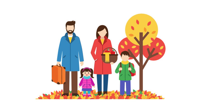 Autumn Family Vacation: Parents, Kids, Luggage, and Harvest Basket by Colorful Tree