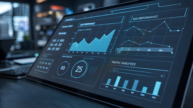 Digital marketing dashboard displaying seo performance and website traffic analytics