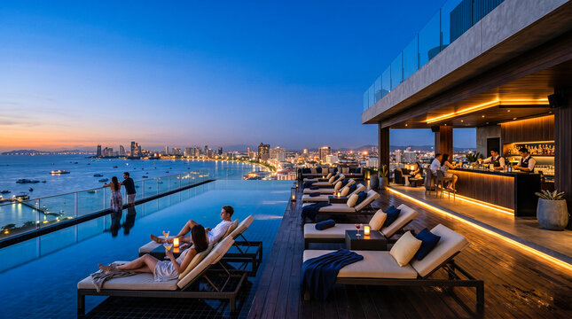 Stunning luxury resort rooftop infinity pool overlooking magnificent vibrant city skyline and calm ocean bay during amazing spectacular colorful summer sunset evening