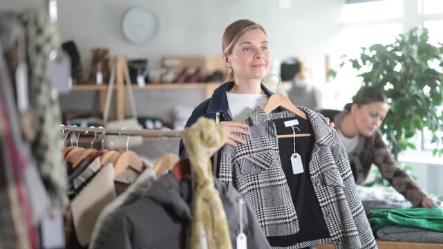 European woman customer examine and choose new coat for cold season in big modern store