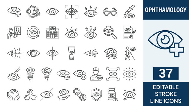 Ophthalmology line editable icon set. Contain icons related to medical eye care, optometry, vision correction, and more. Editable stroke. Vector illustration
