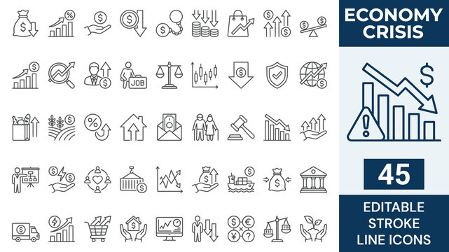 Economy Crisis icon set. Contain icons related to Economic downturn, stock marker cash, Decrease, layoff, job fired, recession, credit crunch, and more. Editable stroke. Vector illustration