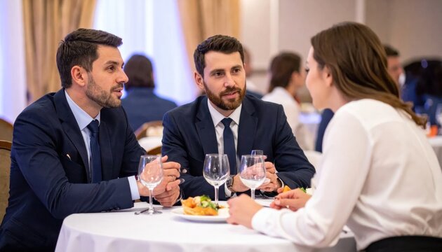 Business Professionals Discussing Over Dinner at Formal Restaurant Event