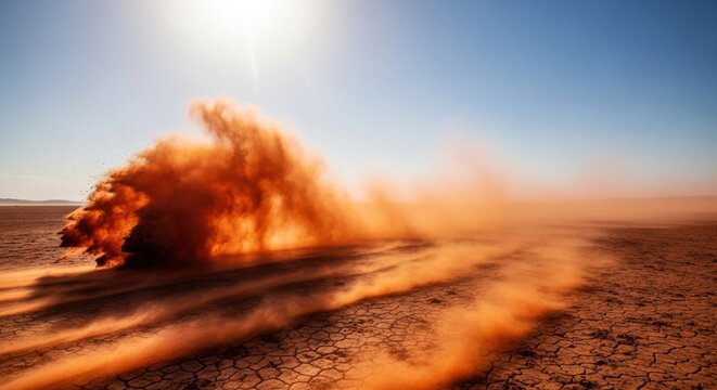 Red dust storm swirling across a cracked desert landscape under a bright sun